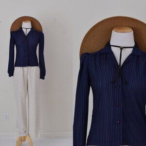 Vintage 70s Navy Polyester Button-up Striped Blouse